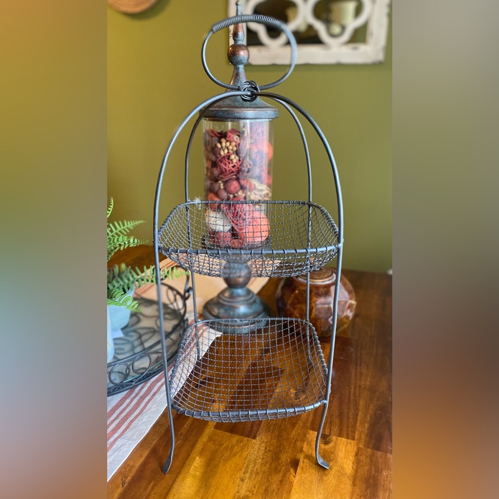 Two-Tier Brown Metal Wire Basket Stand